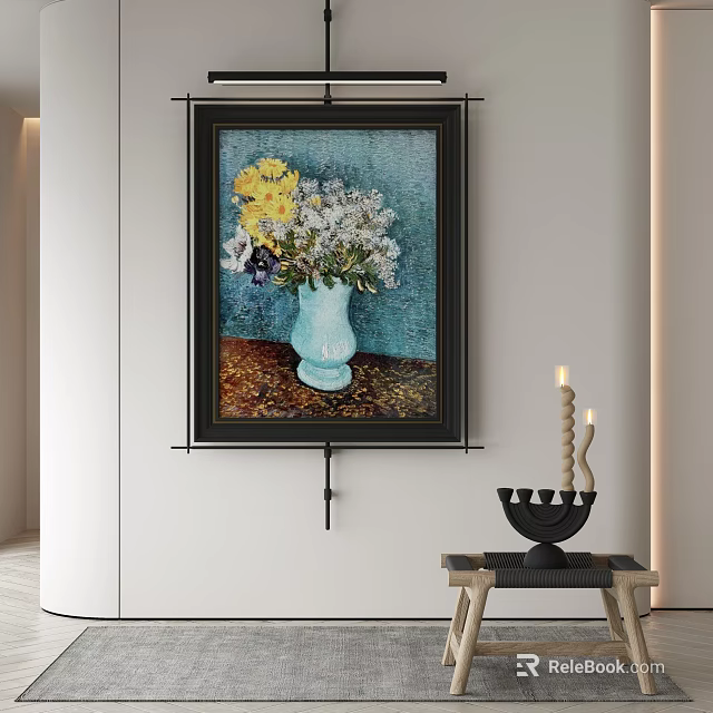 Modern Interior Wall Art Featuring Blue Vase With Yellow White Flowers And Decorative Candles 3d model 