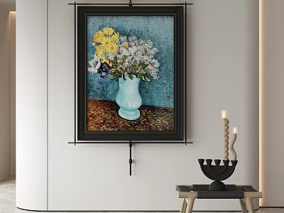 Modern Interior Wall Art Featuring Blue Vase With Yellow White Flowers And Decorative Candles 3d model
