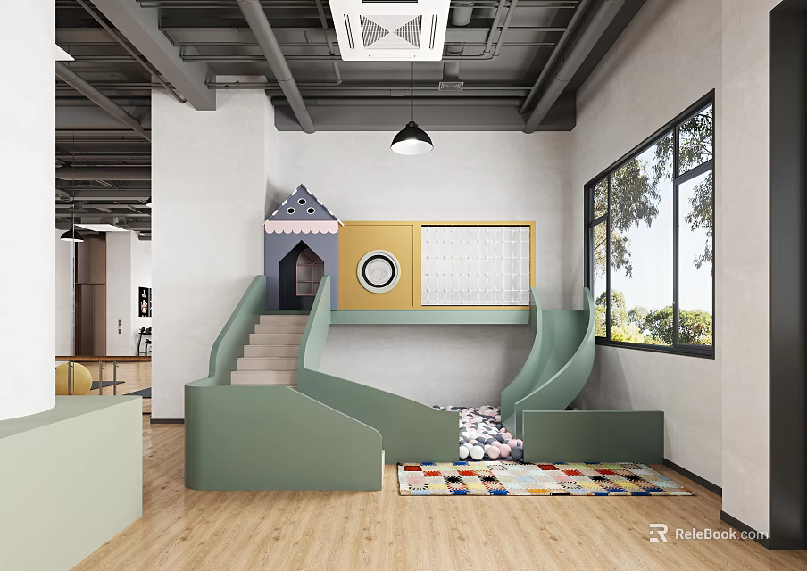 Modern Kids Playroom Interior With Green Slide Staircase Colorful Rug And Large Windows 3d model 