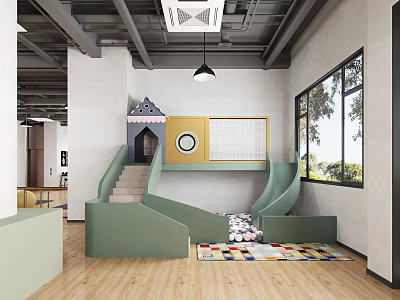 Modern Kids Playroom Interior With Green Slide Staircase Colorful Rug And Large Windows 3d model