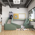Modern Kids Playroom Interior With Green Slide Staircase Colorful Rug And Large Windows