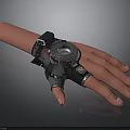Futuristic Wrist Mounted Device With Circular Dial And Black Strap Details