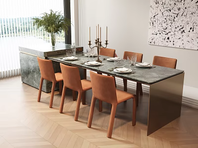 Elegant Modern Kitchen Bar Counter With Orange Chairs And Marble Top 3d model