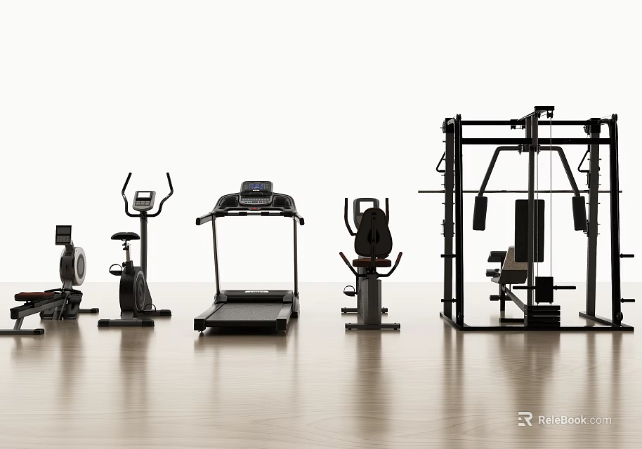 Home Gym Fitness Equipment Collection With Treadmill Elliptical And Strength Training Machines 3d model 