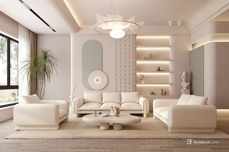 Modern Living Room Interior With White Sofas Round Coffee Table Chandelier And Green Plant 3d model 