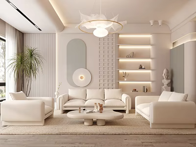 Modern Living Room Interior With White Sofas Round Coffee Table Chandelier And Green Plant 3d model