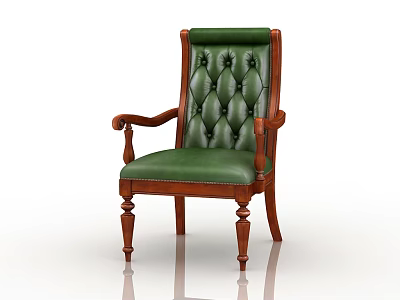 Classic Green Leather Leisure Chair With Wooden Armrests Legs And Tufted Back 3d model