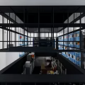 Café Interior with Blue Bookshelves Books Black Counter Wooden Tables Chairs and Warm Sunlight