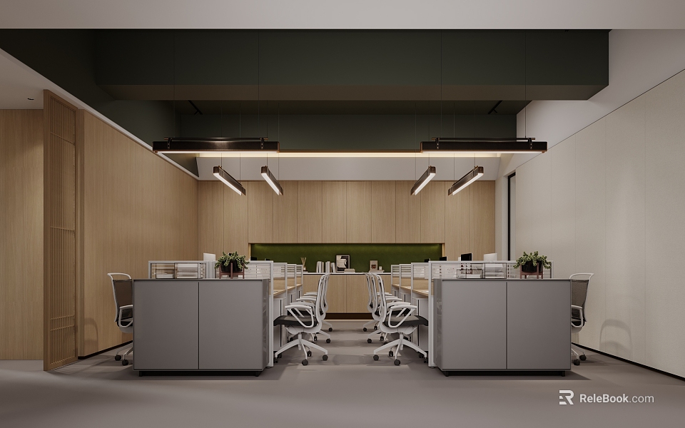 Spacious Modern Public Office Space With Ergonomic Desks Green Plants And Pendant Lights 3d model 