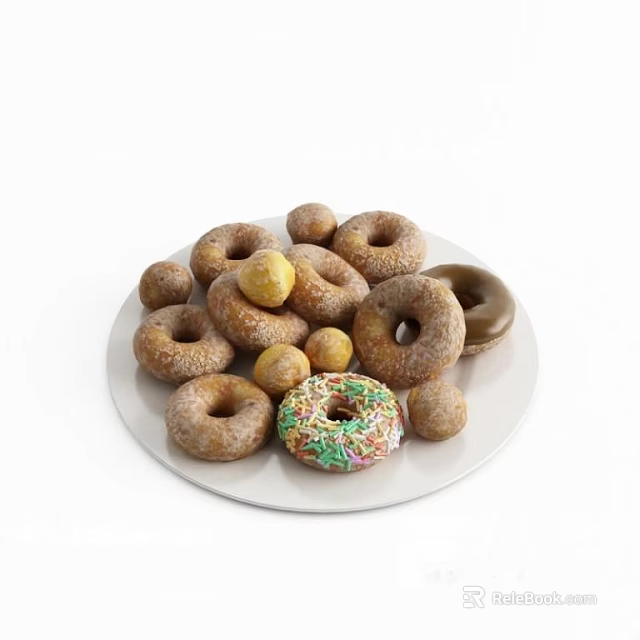 Assorted Donuts With Colorful Sprinkles And Chocolate Glazes On White Plate 3d model 
