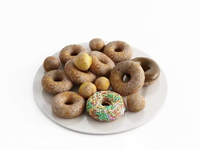 Assorted Donuts With Colorful Sprinkles And Chocolate Glazes On White Plate 3d model