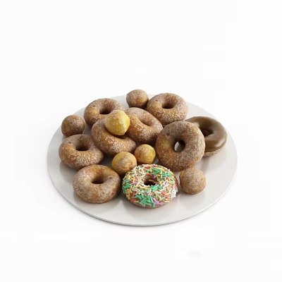 Assorted Donuts With Colorful Sprinkles And Chocolate Glazes On White Plate 3d model