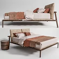 Modern Double Bed With Wooden Frame Brown White Pillows And Side Table 3d model