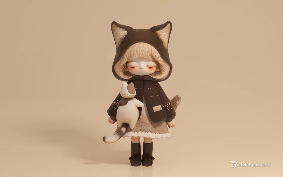 Cute Doll In Cat Ear Hood Brown Cloak Holding White Kitten Brown Boots Beige Background 3d model 