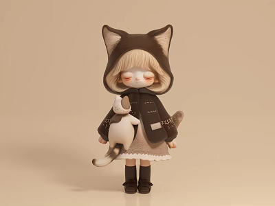 Cute Doll In Cat Ear Hood Brown Cloak Holding White Kitten Brown Boots Beige Background 3d model
