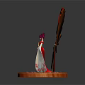 Red Fan With White Flowers Green Leaves Featuring Figurine In Traditional Attire On Wooden Base