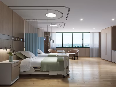Hospital Outpatient Ward Interior With Comfortable Bed Bedside Table Window Curtain Chair And Wooden Floor 3d model