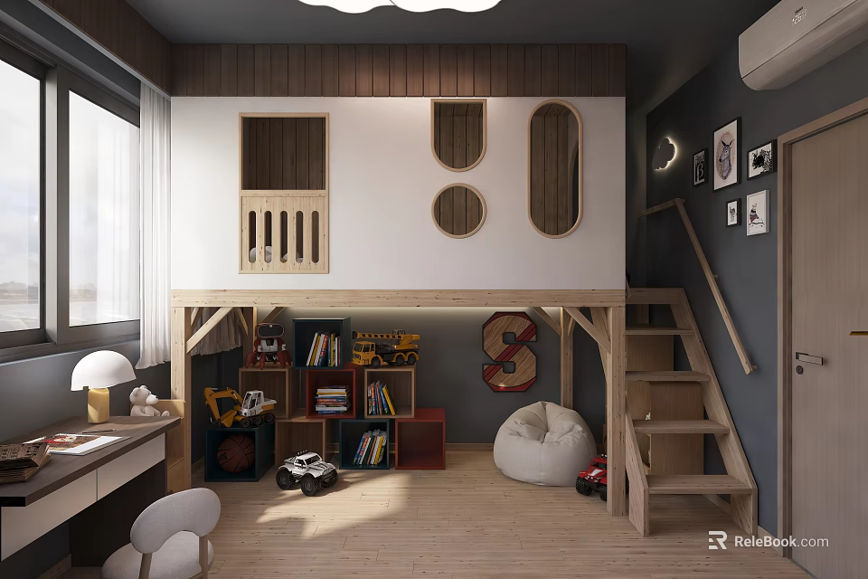 Kids Room Design With Bunk Bed Staircase Bookshelves Desk And Bean Bag Chair 3d model 