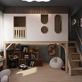 Kids Room Design With Bunk Bed Staircase Bookshelves Desk And Bean Bag Chair
