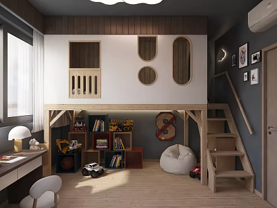 Kids Room Design With Bunk Bed Staircase Bookshelves Desk And Bean Bag Chair 3d model