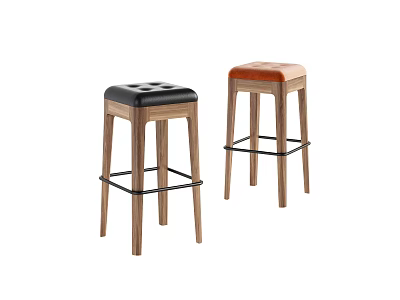Two Modern Bar Stools With Wooden Legs Metal Footrests And Black Brown Leather Seats 3d model