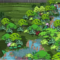 Lush Waterfront Landscape With Flowing River Waterfall And Colorful Flowers Trees