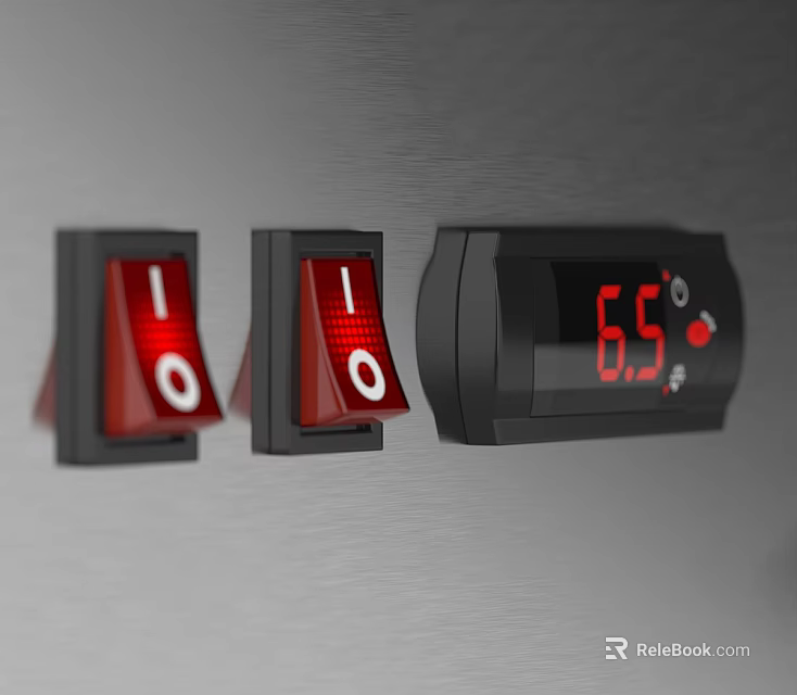 Modern Switch Panel with Red Switches White Indicators and Black Digital Display Showing 65 3d model 