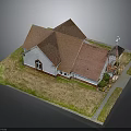 Church Building Model With Red Roof White Walls Cross On Roof And Lawn Pathway