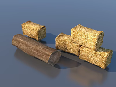 Stacked Hay Bales And Rustic Wood Log On Smooth Blue Surface 3d model