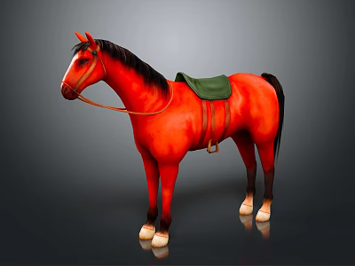 Red Horse With Black Mane Tail And Green Saddle Standing On Dark Background 3d model