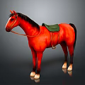 Red Horse With Black Mane Tail And Green Saddle Standing On Dark Background