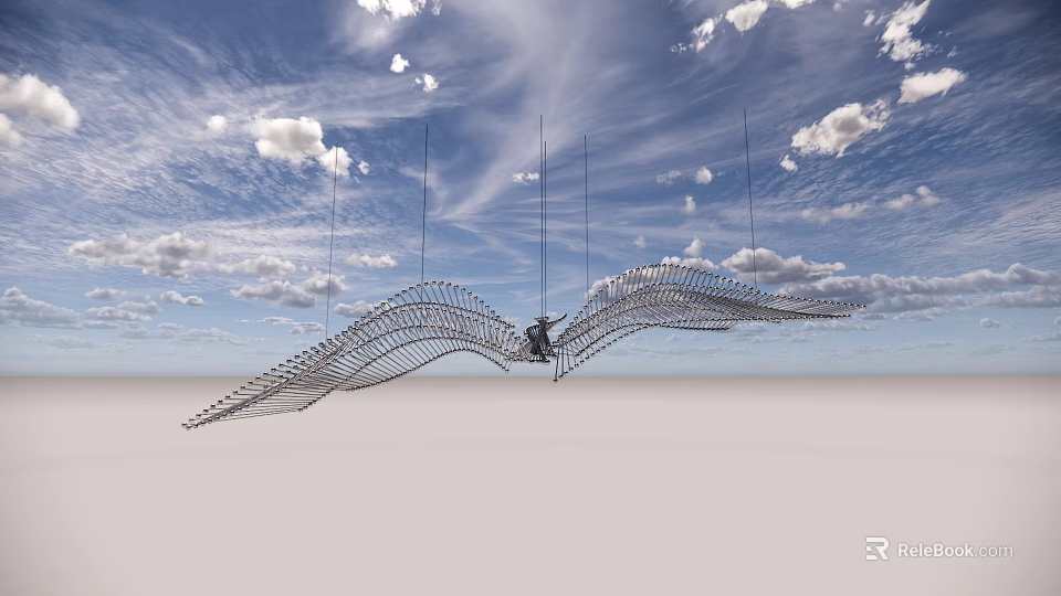 Large Metal Wing Shaped Hanging Decoration Suspended Under Blue Sky With Clouds 3d model 