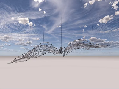 Large Metal Wing Shaped Hanging Decoration Suspended Under Blue Sky With Clouds 3d model