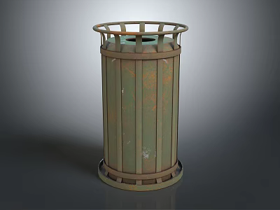 Rustic Metal Trash Can With Cylindrical Body And Top Ring Frame 3d model