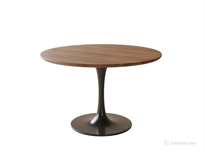 Round Walnut Wooden Dining Table With Black Metal Base Modern Design 3d model 