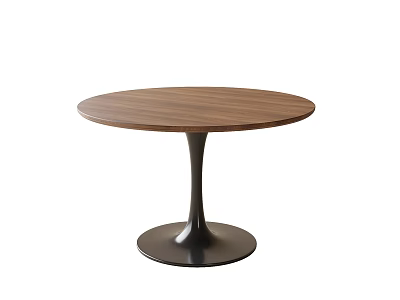 Round Walnut Wooden Dining Table With Black Metal Base Modern Design 3d model