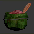 Colorful Pink Powder Food in Green Bucket with Orange Spoon