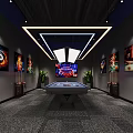 Billiard Room Interior With Table Ceiling Light Strips Paintings Cue Racks Large Screen And Plants