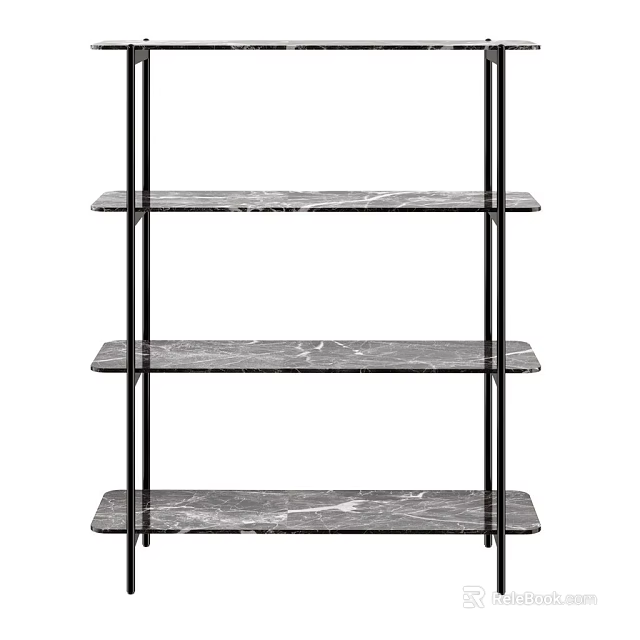 Three Tier Modern Display Shelf With Black Metal Frame And Grey Marble Shelves 3d model 