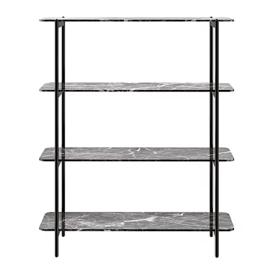 Three Tier Modern Display Shelf With Black Metal Frame And Grey Marble Shelves 3d model