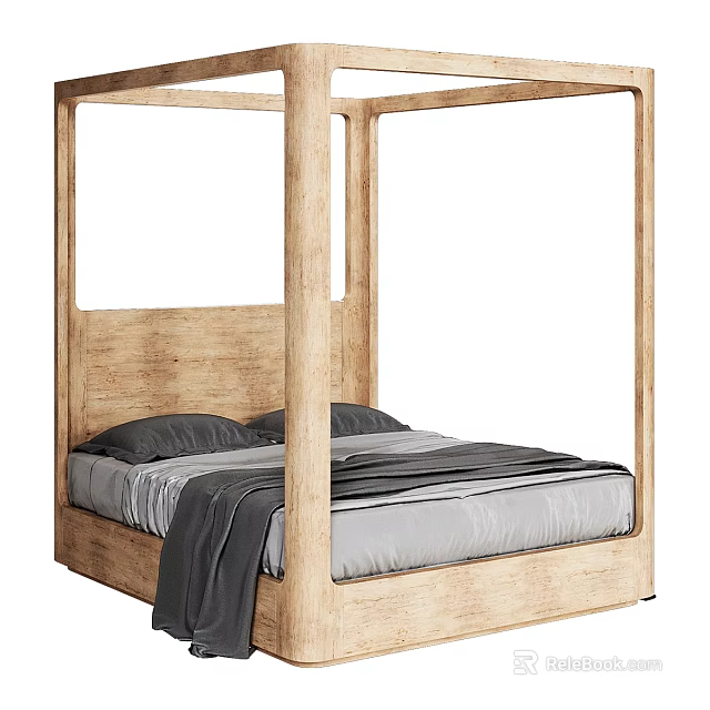 Wooden Four Poster Queen Bed With Gray Bed Sheets Pillows And Dark Blanket 3d model 