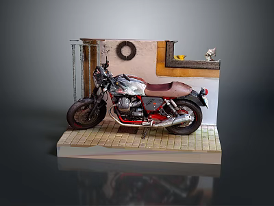 Vintage Silver Red Motorcycle with Brown Leather Seat on Wooden Display Stand and Shelf Mirror Decor 3d model