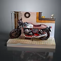 Vintage Silver Red Motorcycle with Brown Leather Seat on Wooden Display Stand and Shelf Mirror Decor