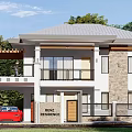Modern Detached Villa With Gray Roof White Stone Exterior And Red Car In Front