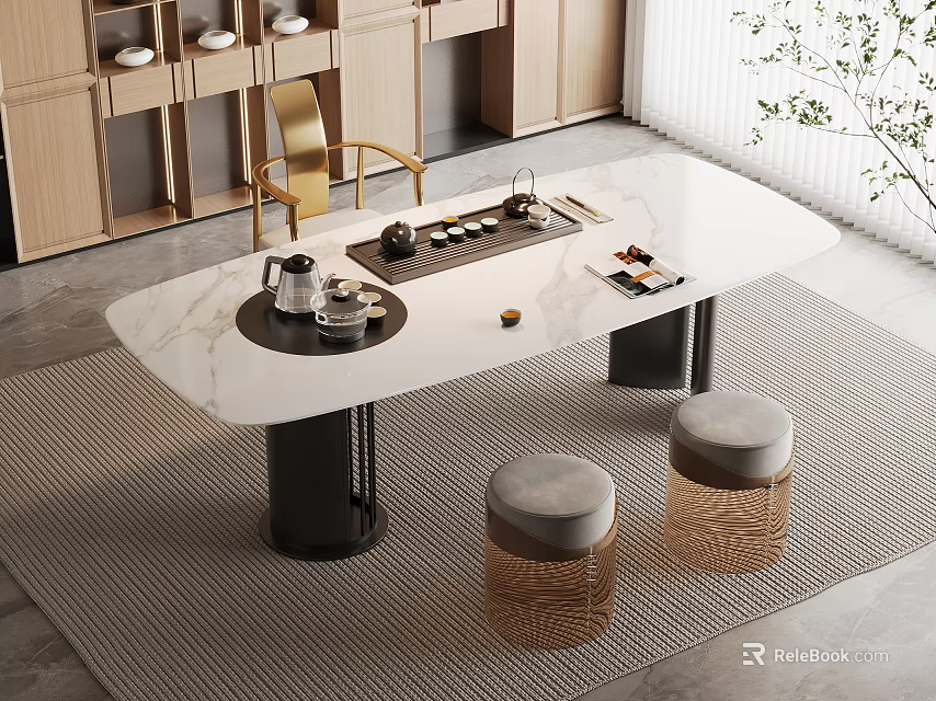 Modern Tea Table and Chairs with White Marble Top Woven Stools and Tea Set 3d model