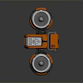 Orange White Mechanical Device With Circular Components And Green Lens 3d model