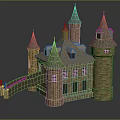 Medieval Castle Architectural Design With Stone Brick Towers Pointed Spires And Connecting Bridge