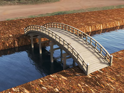 Scenic Wooden Bridge Over Calm Water With Fallen Leaves And Curved Railings 3d model