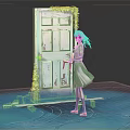 Girl Standing by Old Door Covered with Ivy on Blue Ground with Bricks