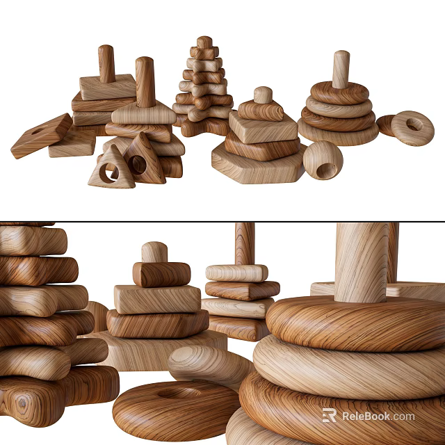 Wooden Building Blocks Stacked in Various Shapes with Natural Wood Texture for Children's Play and Learning 3d model 